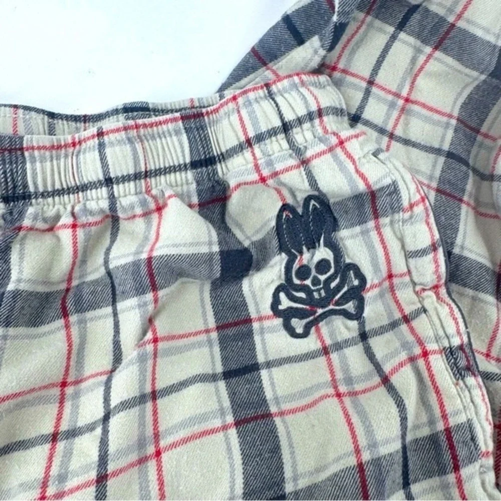 Psycho Bunny Mens Plaid Flannel Pajama Lounge Pants XL Cream‎ Navy Red Logo